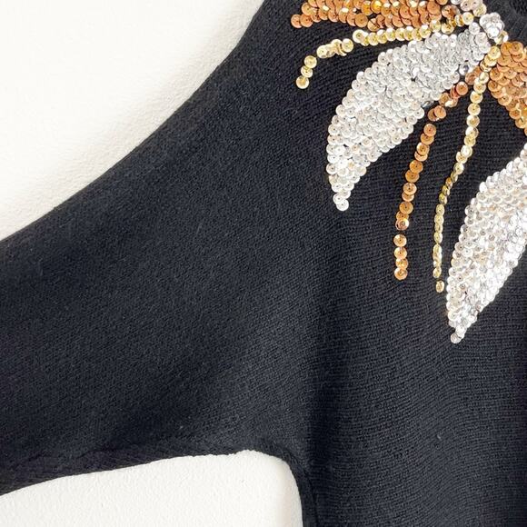 Vintage 90s Sweater Black Angora Silk Lambswool Sequin Design Dolman Sleeve - Picture 5 of 7
